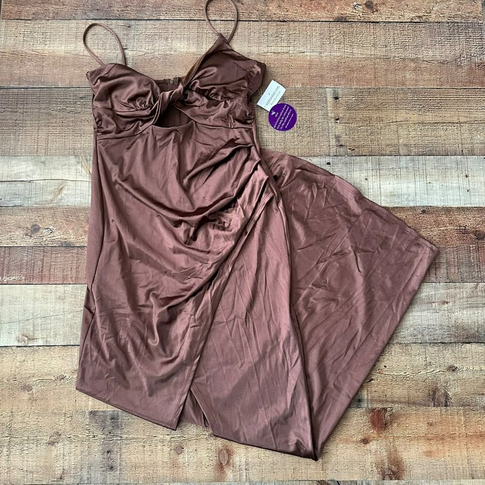 Windsor Satin Midi Dress in Mauve Brown